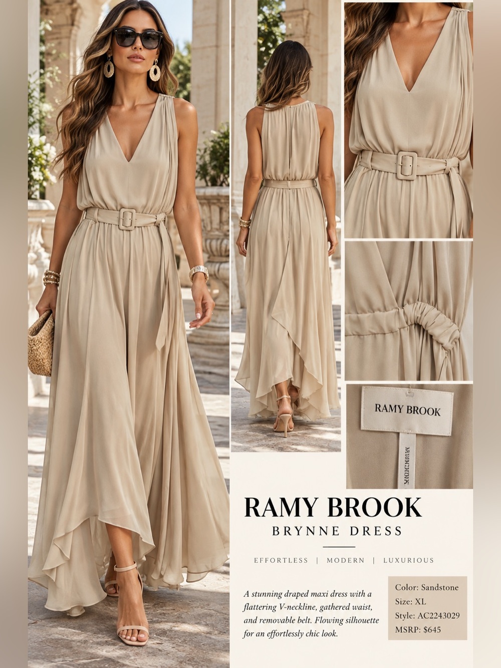 Ramy Brook Sandstone Draped V-Neck Maxi Dress